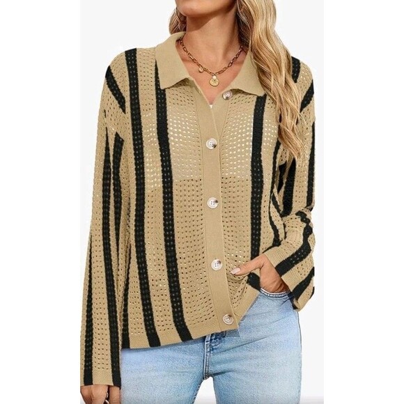 Women’s Striped Crochet Button Collared Cardigan Tan Black Mesh Lightweight, New - Picture 1 of 9